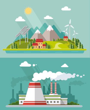 Ekoloji ayarlayın. Çevre, yeşil enerji. Eko yaşam, emisyon, nat