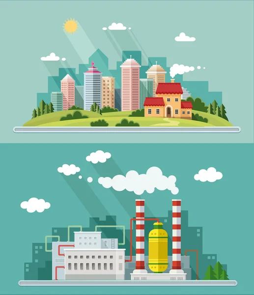 Conjunto de diseño plano. Ilustraciones de paisaje urbano incluyendo abajo — Vector de stock