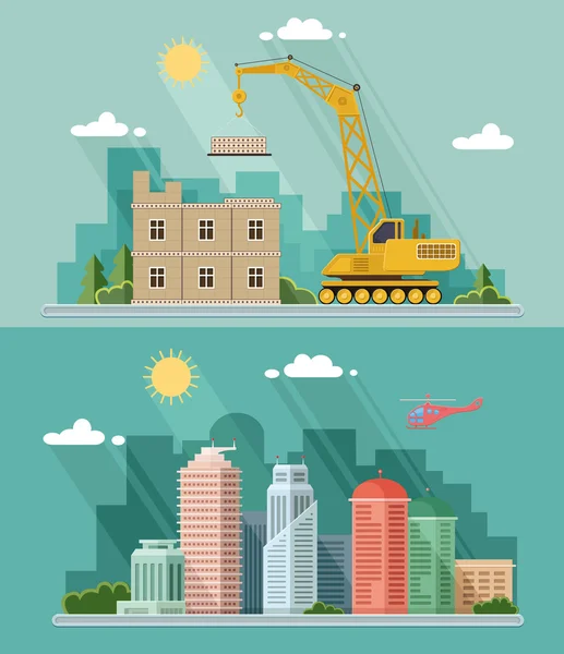 Conjunto de ilustración de paisaje urbano. gran ciudad, sitio de construcción, b — Vector de stock