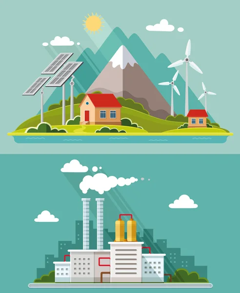 Σύνολο οικολογία. Περιβάλλοντος, πράσινη ενέργεια. Eco life, εκπομπές, nat — Διανυσματικό Αρχείο