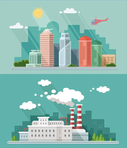 Conjunto de diseño plano. Ilustraciones de paisaje urbano incluyendo abajo — Vector de stock