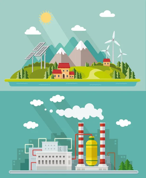 Set di ecologia. Ambiente, energia verde. Ecovita, emissioni, nat — Vettoriale Stock