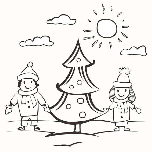 Dibujo infantil. tarjeta con niños y árbol de Navidad. vecto — Archivo Imágenes Vectoriales