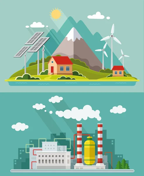Ökológia beállítása. Környezet, zöld energia. Környezettudatos élet, kibocsátás, nat — Stock Vector