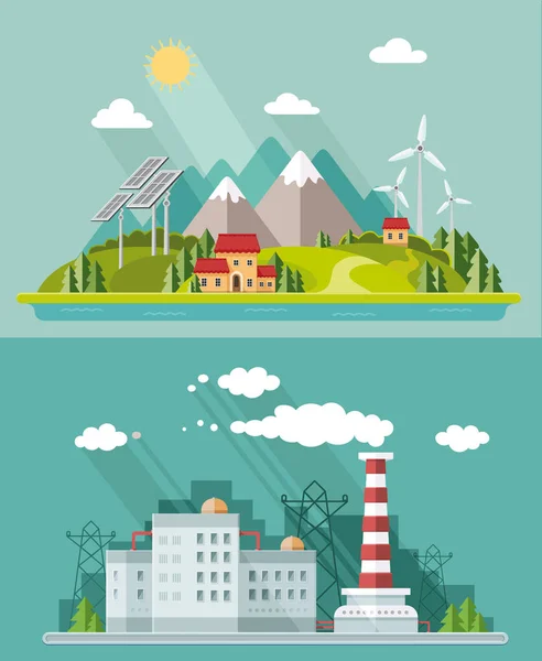 Ecology set. Environment, green energy. Eco life, emissions, nat — Stock Vector