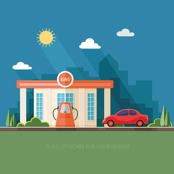Gas fueling station. Oil industry. Shop near the road. Red car u — Stock Vector