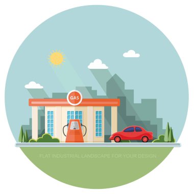 Gaz istasyonu körükleyerek. Petrol endüstrisi. Yola yakın alışveriş. Kırmızı araba u