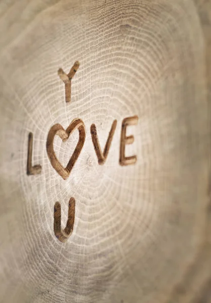 Gravure sur bois. Inscription Love. symbole de coeur. Contexte de votre — Photo