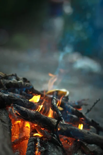 夕方には焚き火で観光 非常に熱い丸太 薪火のキャンプ 背景のボケ味がぼやけ — ストック写真