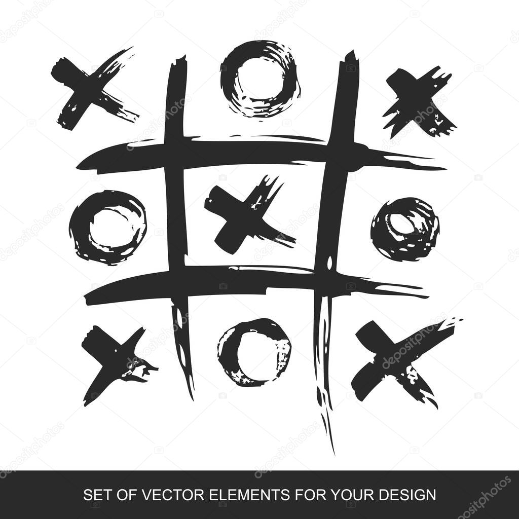 Tic Tac Toe. Painted Grunge Ink Blots Brush Texture Isolated. Ba
