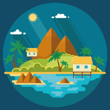 Yaz Cennet okyanus manzara. Kulübelerde ile güzel bir ada