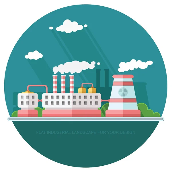 Central nuclear y fábrica. Átomo, industria de la energía de radiación — Vector de stock