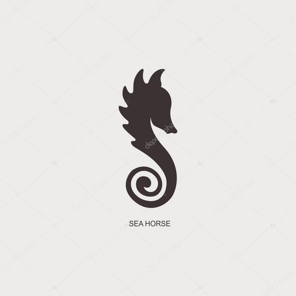 Stylized graphic Seahorse. Silhouette illustration of sea life. Sketch for tattoo on isolated white background. Vector flat logo icon