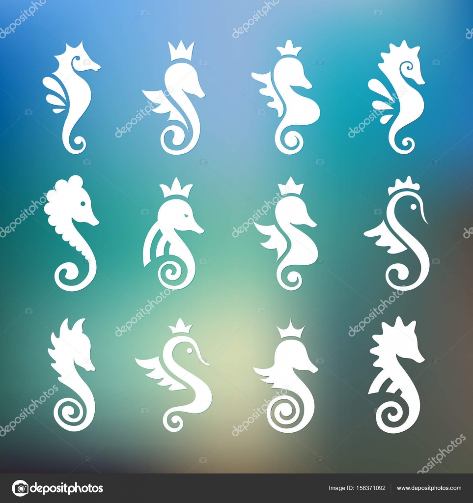 Graphisme stylisé hippocampe Illustration de silhouette de vie marine Dessin pour tatouage sur fond blanc isolé Vector plate Set d ic´nes