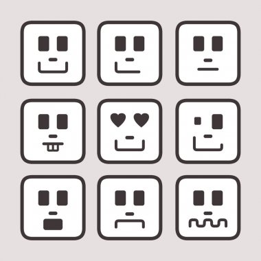 Grafik ifadeler kümesi. Emoji topluluğu. Simgeler gülümse. Isol