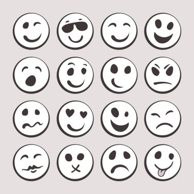 Grafik ifadeler kümesi. Emoji topluluğu. Simgeler gülümse. Isol