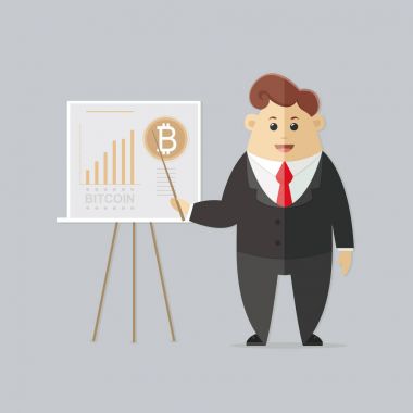 İşadamı ve grafikler üzerinde çizim kurulu ekran. Seminer bitcoin büyüme. Kripto para birimi. İş stratejisi ve Finans. Düz vektör çizim