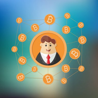 Bitcoin Kripto para birimi kullanan iş merkezi adamı. Blok zinciri etiket web veya baskı için. Vektör çizim, simge, arka plan