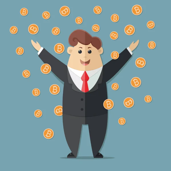 Homem de terno com uma gravata vermelha recebendo um monte de Bitcoins. Maneira simples de ganhar dinheiro online. Ícone vetorial plano, ilustração —  Vetores de Stock