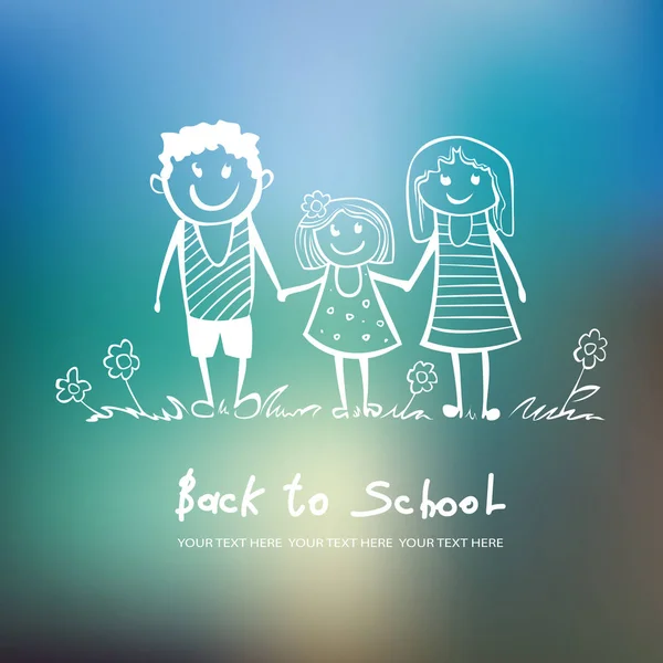Vissza az iskolába. Szülők egy gyerek az iskolában, az egyetemen. boldog gyermek, anya és apa — Stock Vector