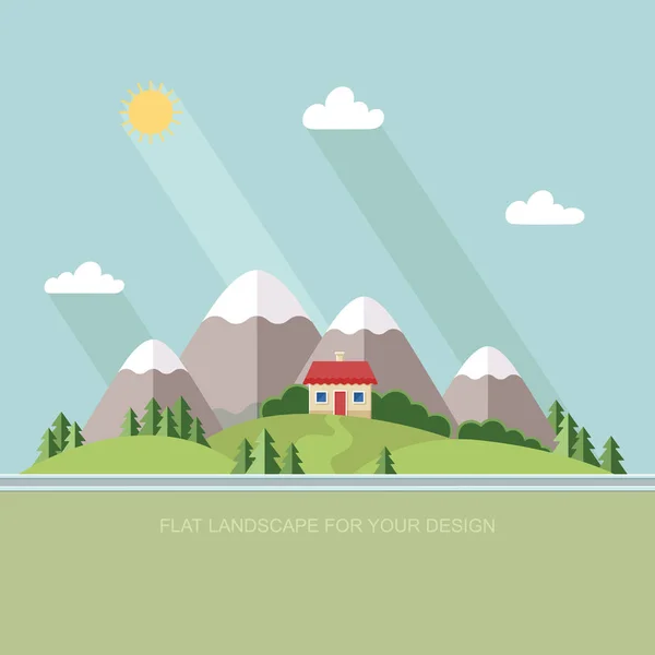 Beautiful rural landscape with houses and mountain views. The vi — Stock Vector