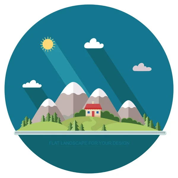 Beautiful rural landscape with houses and mountain views. The vi — Stock Vector