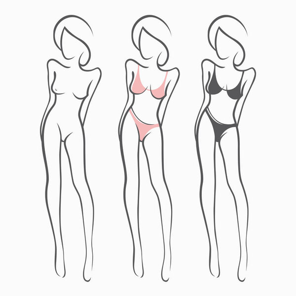 Collection sexy fitness naked girl with a chic figure. Intimate sexy lady, model in a pose. Lovely  ass Dressed In swimsuit, panties. Drawn art graphics for design, background