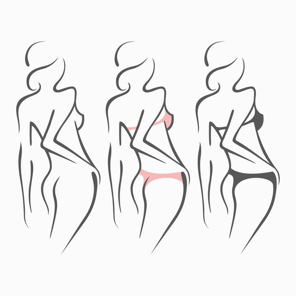 Collection sexy fitness naked girl with a chic figure. Intimate sexy lady, model in a pose. Lovely  ass Dressed In swimsuit, panties. Drawn art graphics for design, background