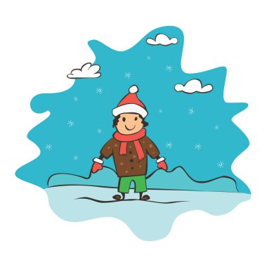 Çocuk çizim çocuk, yeni yıl ve Noel tebrik kartı. Çizim afiş tasarımı için. Vektör basit düz illustratio