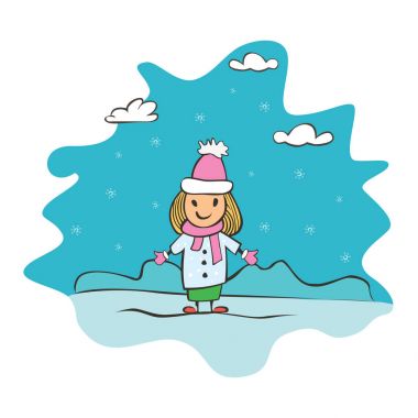 Çocuk çizim kız, yeni yıl ve Noel tebrik kartı. Çizim afiş tasarımı için. Vektör basit düz çizim