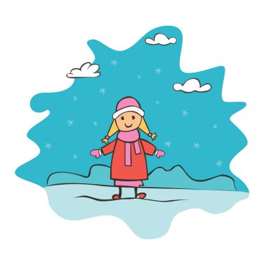 Çocuk çizim kız, yeni yıl ve Noel tebrik kartı. Çizim afiş tasarımı için. Vektör basit düz çizim