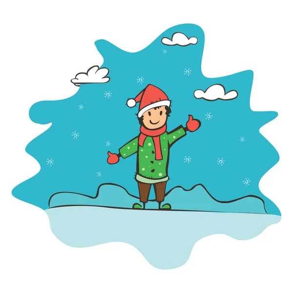 Niño dibujando niño, tarjeta de felicitación con año nuevo y Navidad. Banner de dibujo para el diseño. Vector ilustración plana simple — Vector de stock