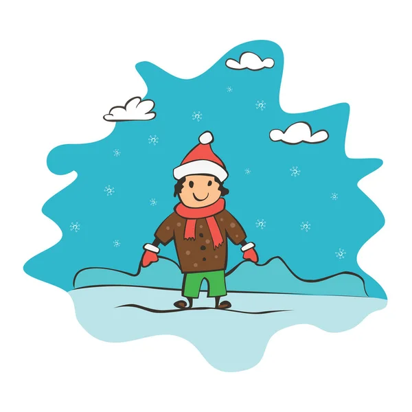 Niño dibujando niño, tarjeta de felicitación con año nuevo y Navidad. Banner de dibujo para el diseño. Vector ilustración plana simple — Vector de stock