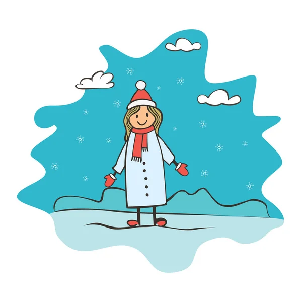 Niña dibujando, tarjeta de felicitación con año nuevo y Navidad. Banner de dibujo para el diseño. Vector simple ilustración plana — Vector de stock