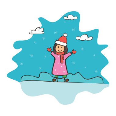 Çocuk çizim kız, yeni yıl ve Noel tebrik kartı. Çizim afiş tasarımı için. Vektör basit düz çizim