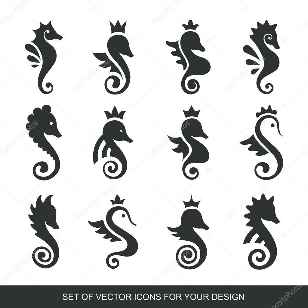 Stylized graphic Seahorse. Silhouette illustration of sea life. 