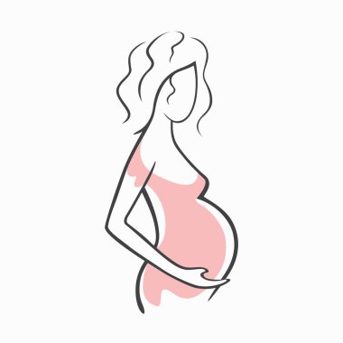 Doğrusal güzel hamile kız pembe elbise çizim. Bir çocuğun doğumu. Tasarım için beraberlik siluetleri vektör grafik çizim.