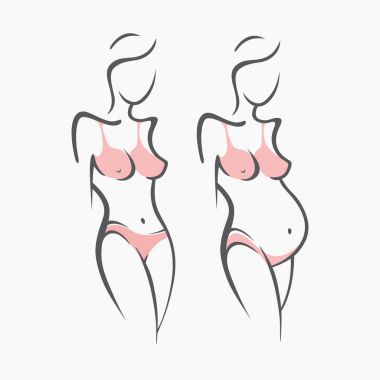 Doğrusal güzel hamile kız karanlık, pembe, giyim, çıplak figür çizim seti. Bir çocuğun doğumu. Vektör grafik illüstrasyon, beraberlik siluetleri tasarımı için