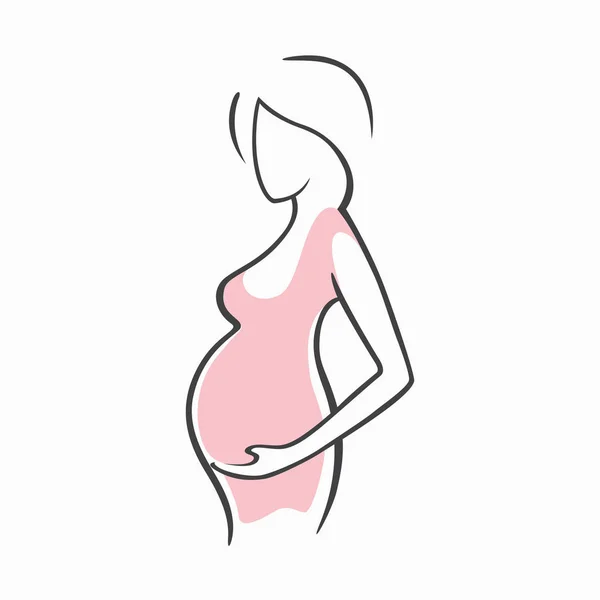 Drawing linear beautiful pregnant girl in pink clothes. Birth of a child. Vector graphic illustration of draw silhouettes for design. — Stock Vector