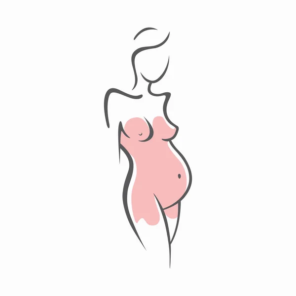 Tekening lineaire mooi zwanger meisje in roze kleding. Geboorte van een kind. Vector grafische illustratie van loting silhouetten voor ontwerp. — Stockvector