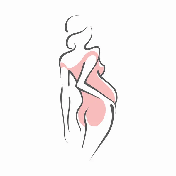 Desenho linear bela menina grávida em roupas rosa. Nascimento de uma criança. Ilustração gráfica vetorial de silhuetas de desenho para desenho . —  Vetores de Stock