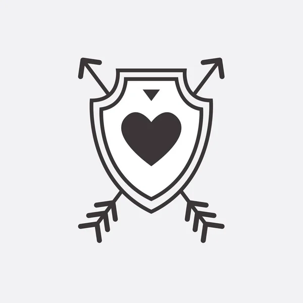 Icono decorativo para el Día de San Valentín. Elemento gráfico romántico Corazón y flecha en un escudo militar. Logo amor vector ilustración — Vector de stock