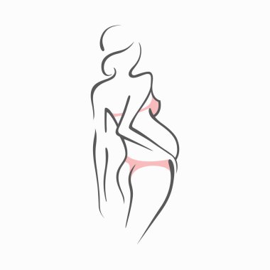 Doğrusal güzel hamile kız pembe elbise çizim. Bir çocuğun doğumu. Tasarım için beraberlik siluetleri vektör grafik çizim.