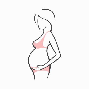 Doğrusal güzel hamile kız pembe elbise çizim. Bir çocuğun doğumu. Tasarım için beraberlik siluetleri vektör grafik çizim.