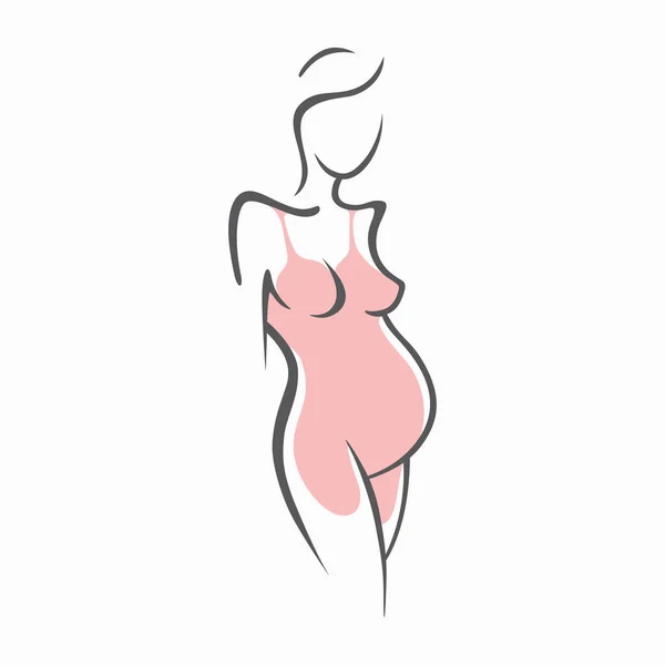 Doğrusal güzel hamile kız pembe elbise çizim. Bir çocuğun doğumu. Tasarım için beraberlik siluetleri vektör grafik çizim. — Stok Vektör