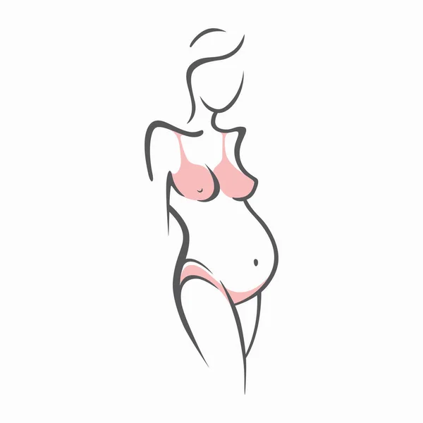 Drawing linear beautiful pregnant girl in pink clothes. Birth of a child. Vector graphic illustration of draw silhouettes for design. — Stock Vector