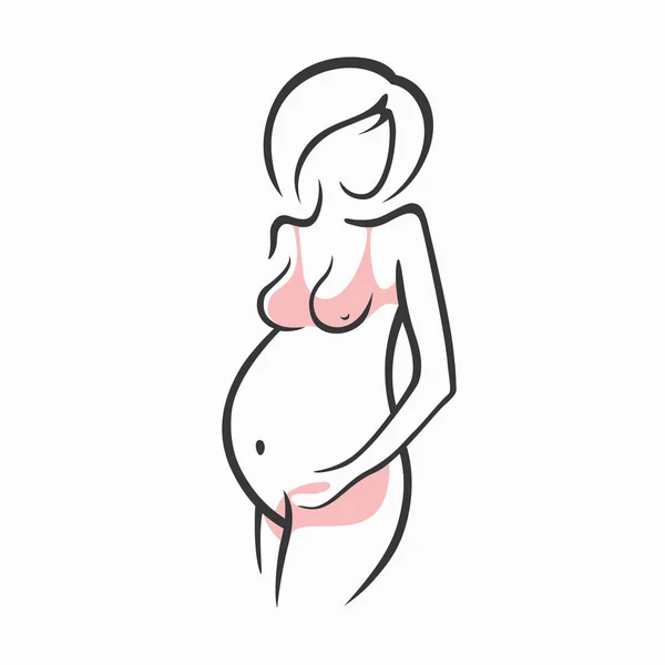 Rajz lineáris szép terhes lány rózsaszín ruhát. A gyermek születése. Vektor grafikus ábrája felhívni sziluettek design. — Stock Vector