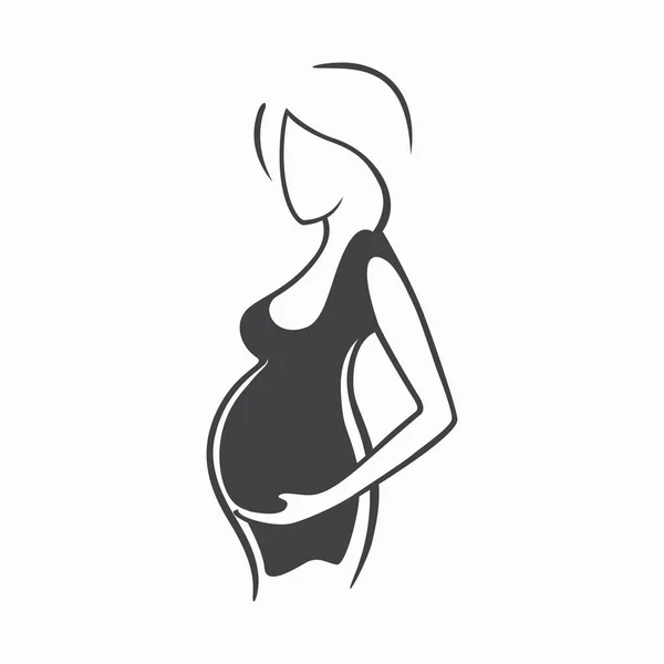 Disegno lineare bella ragazza incinta in abiti scuri. Nascita di un bambino. Illustrazione grafica vettoriale, disegnare silhouette in bianco e nero per il design . — Vettoriale Stock