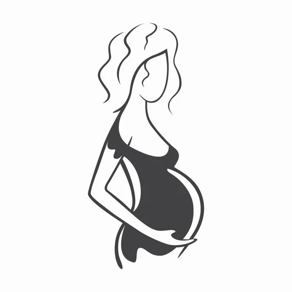 Tekening lineaire mooi zwanger meisje in donkere kleding. Geboorte van een kind. Vector grafische illustratie, trekking zwart-wit silhouet voor ontwerp. — Stockvector