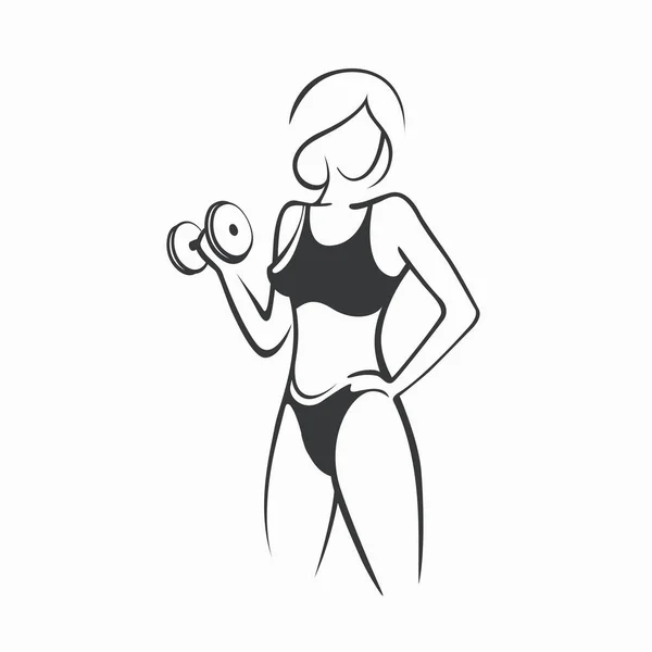 Sporty fit woman in the gym. Picture of a beautiful sexy girl with dumbbells in her hands. Vector illustration of a graphic outline silhouette — Stock Vector
